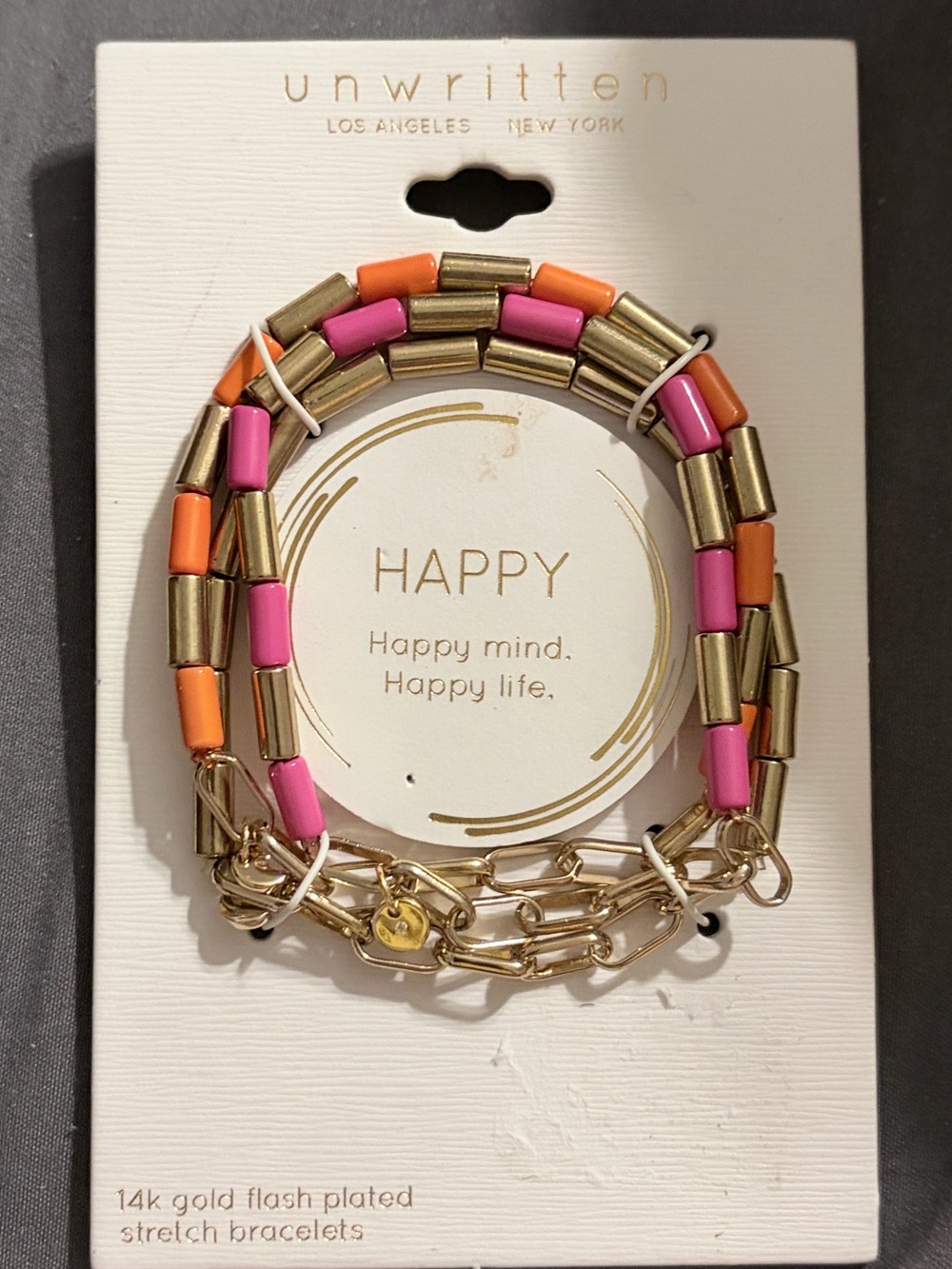 NWT Unwritten HAPPY Pink & Orange Bead Gold-Plated Bracelet Set